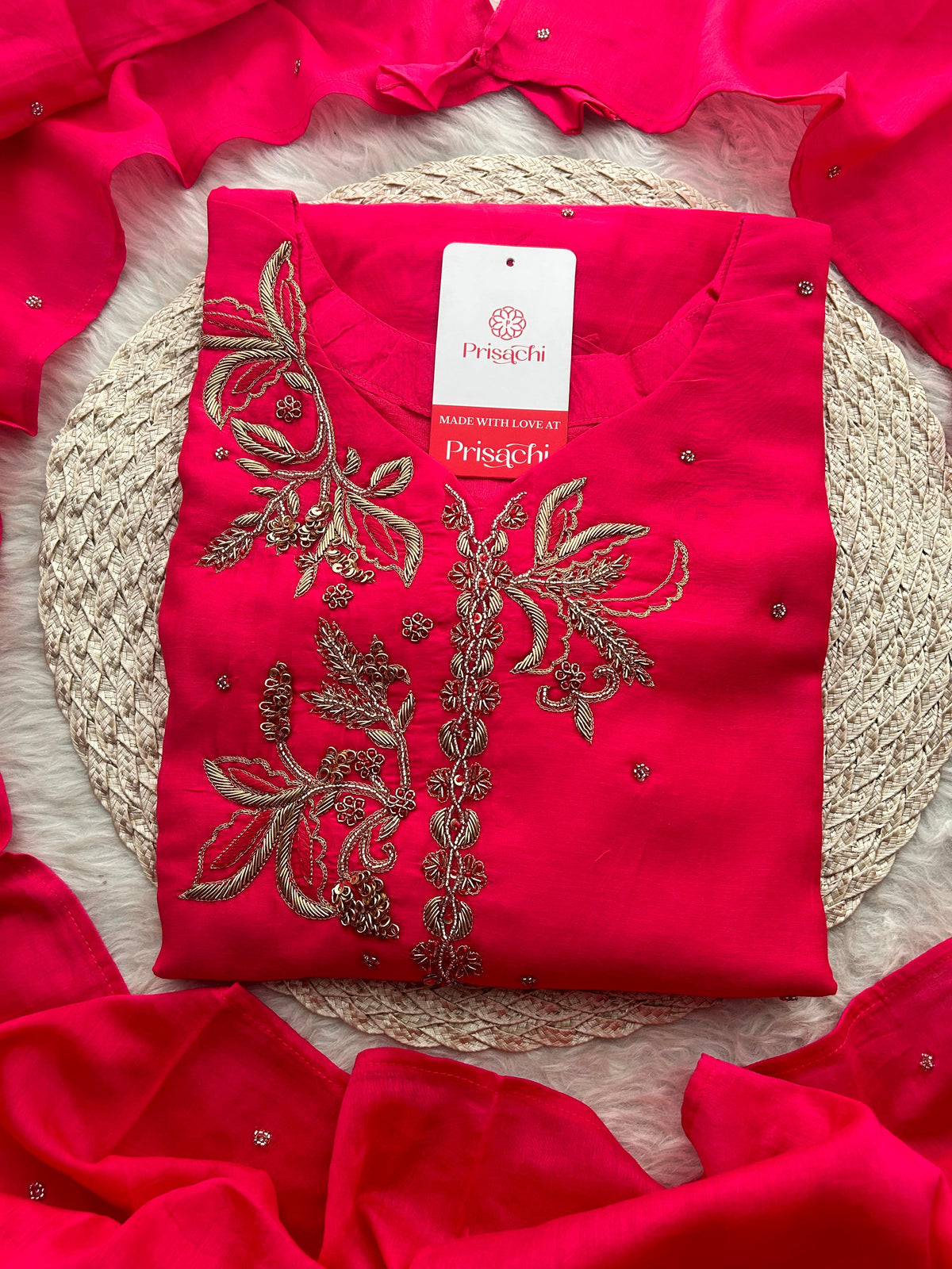 Pink Zardozi Embroidered A-Line kurta set with dupatta and Pants | Ethnic Suit Set