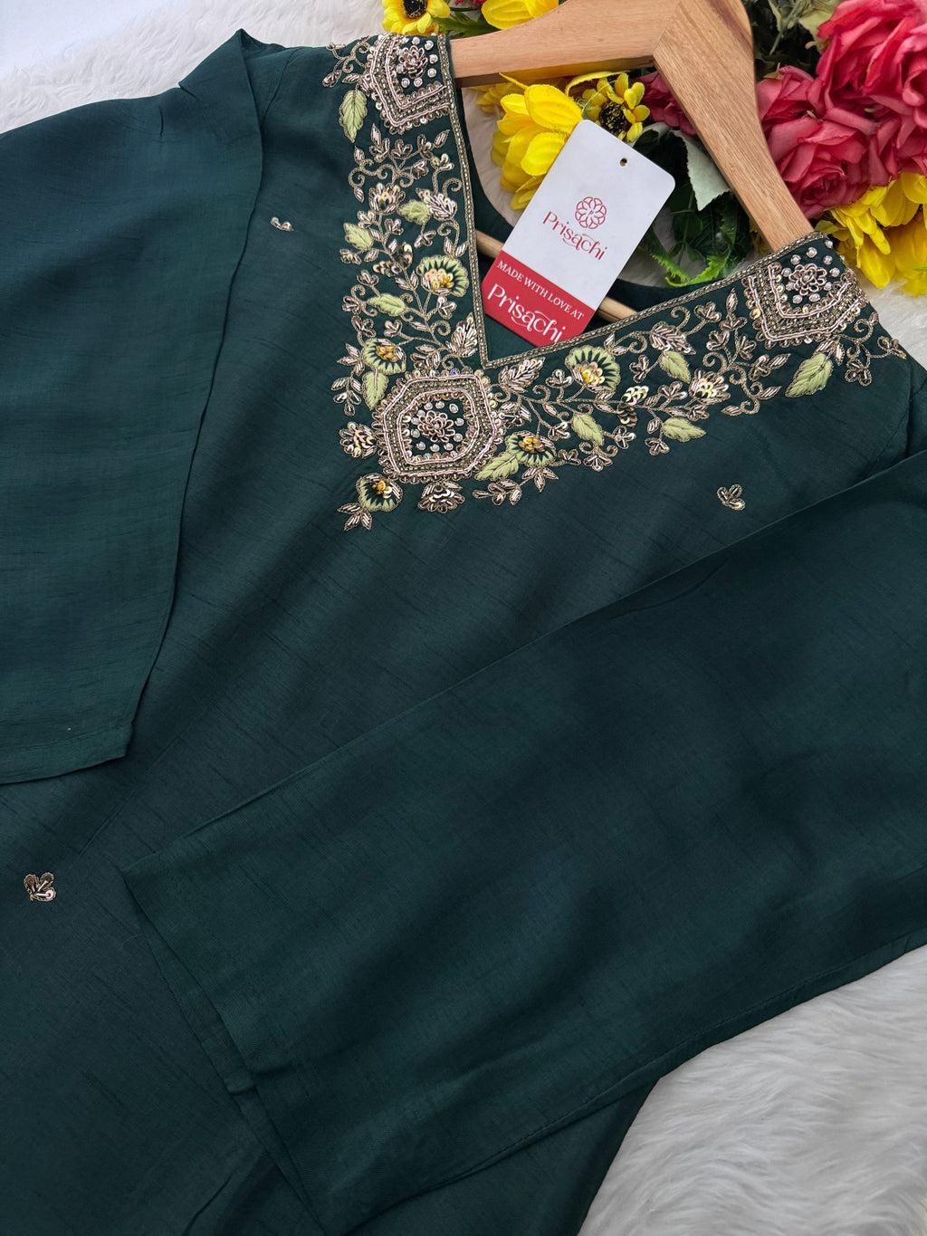Green Designer Embroidered Kurta set with Pant and Banarasi Dupatta