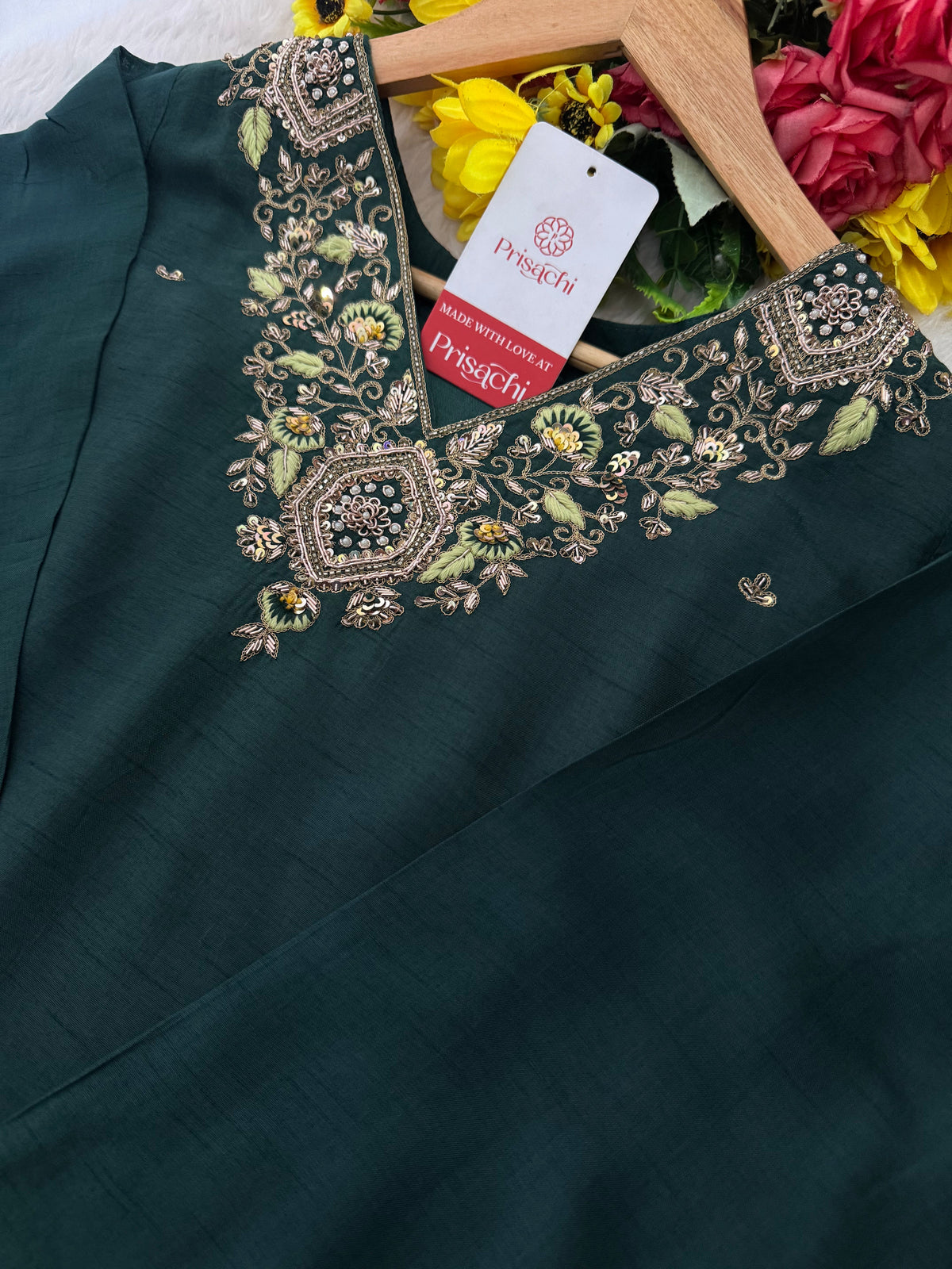 Green Designer Embroidered Kurta set with Pant and Banarasi Dupatta