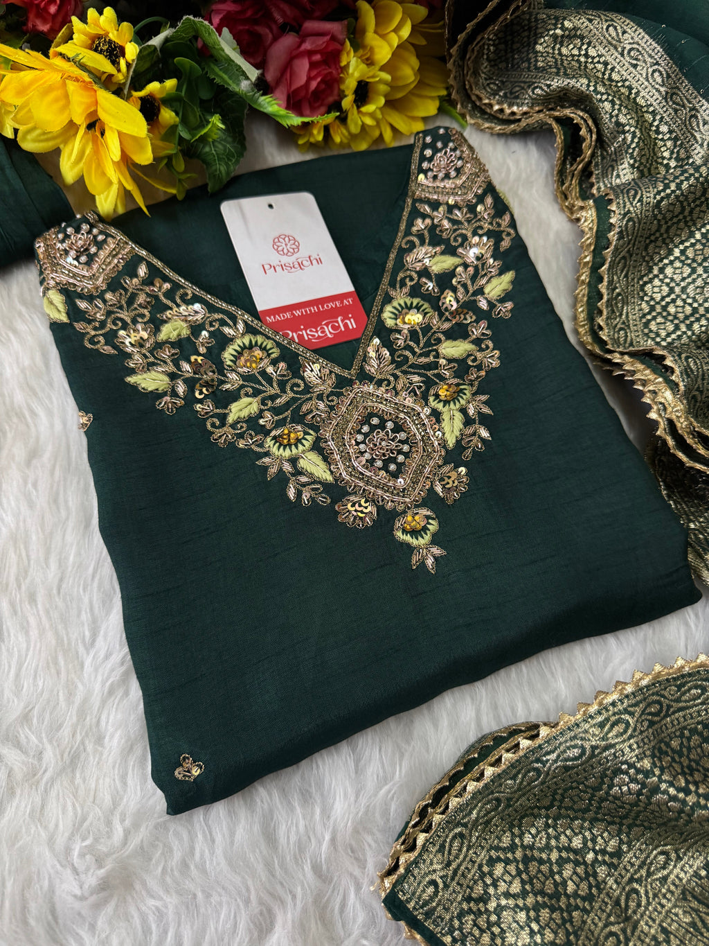 Green Designer Embroidered Kurta set with Pant and Banarasi Dupatta