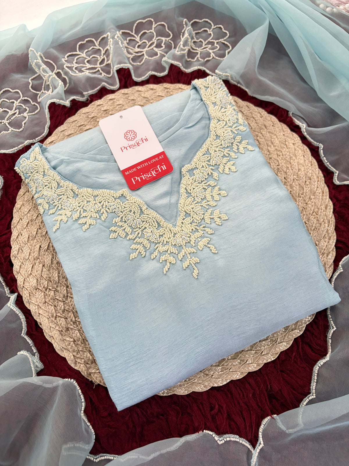 Pastel Blue Embroidered Ethnic Kurta set with Pants and Dupatta For Women's | Festive Party Wear Suit Set