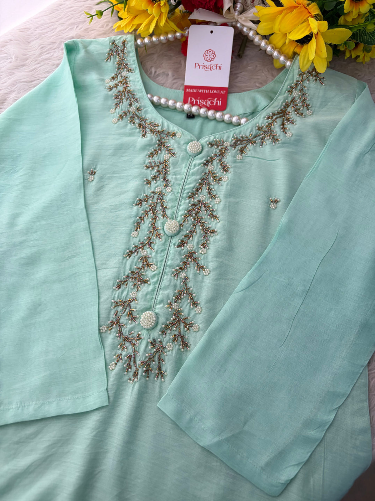 Mint Green Zardozi Embroidered Kurta Set for Women with Pants & Dupatta | Traditional Ethnic wear