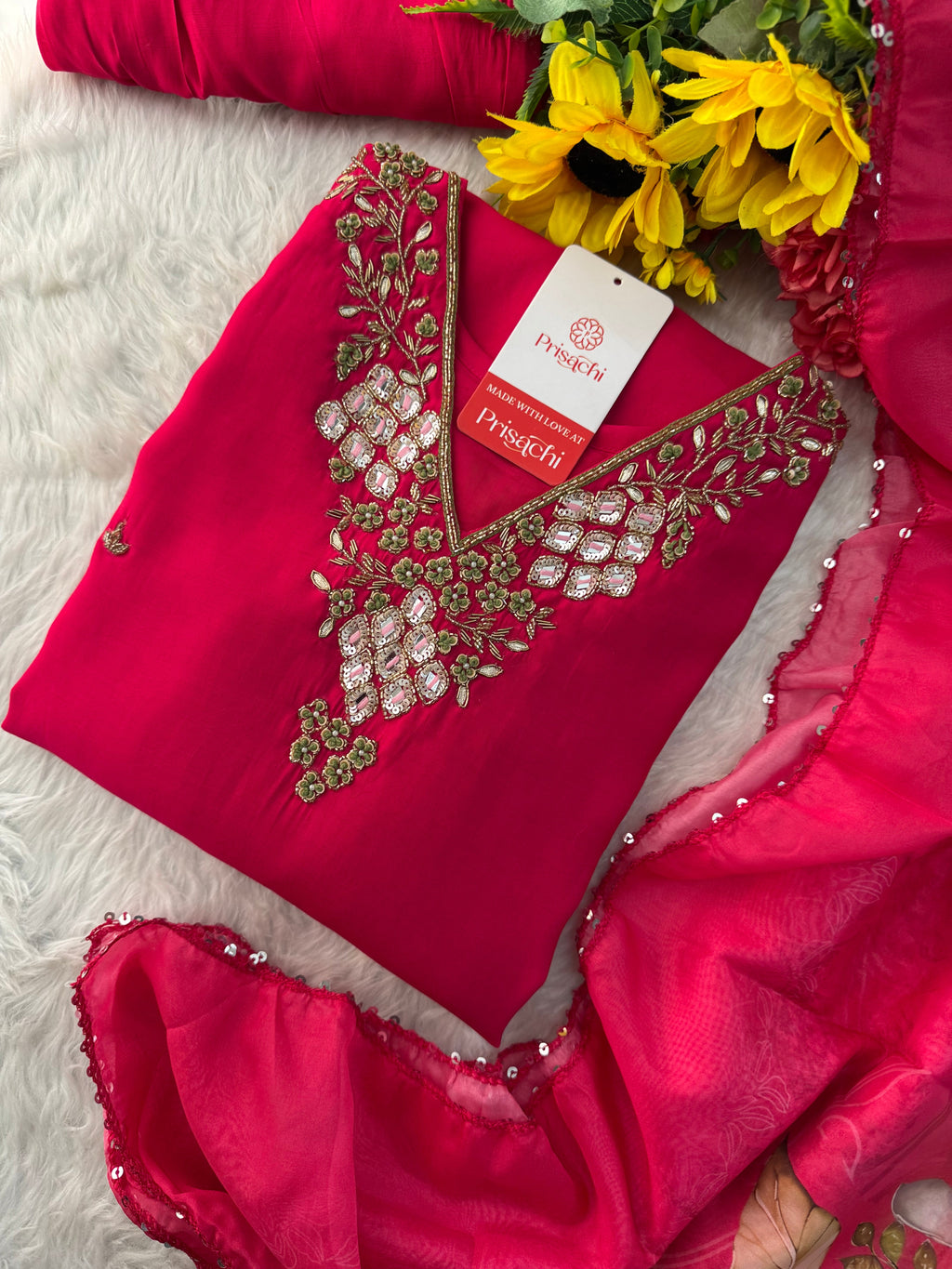 Pink Designer Embroidered Ethnic Kurta Set with Pants & Floral Dupatta