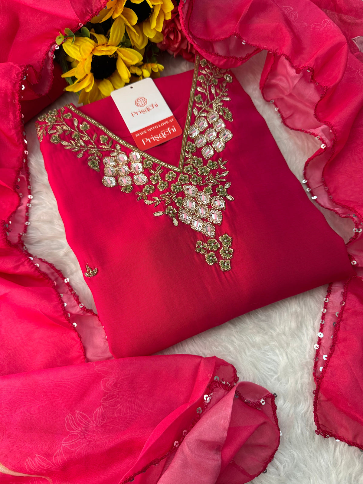 Pink Designer Embroidered Ethnic Kurta Set with Pants & Floral Dupatta