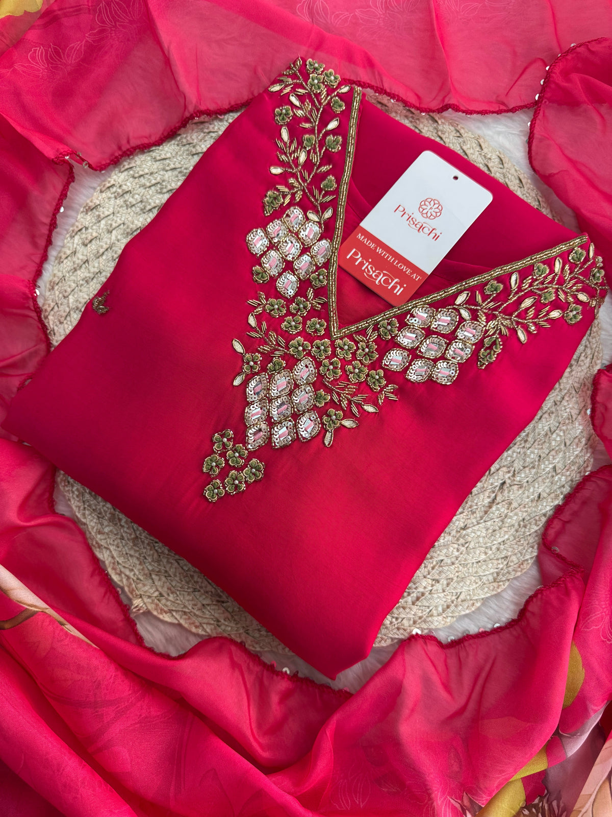 Pink Designer Embroidered Ethnic Kurta Set with Pants & Floral Dupatta