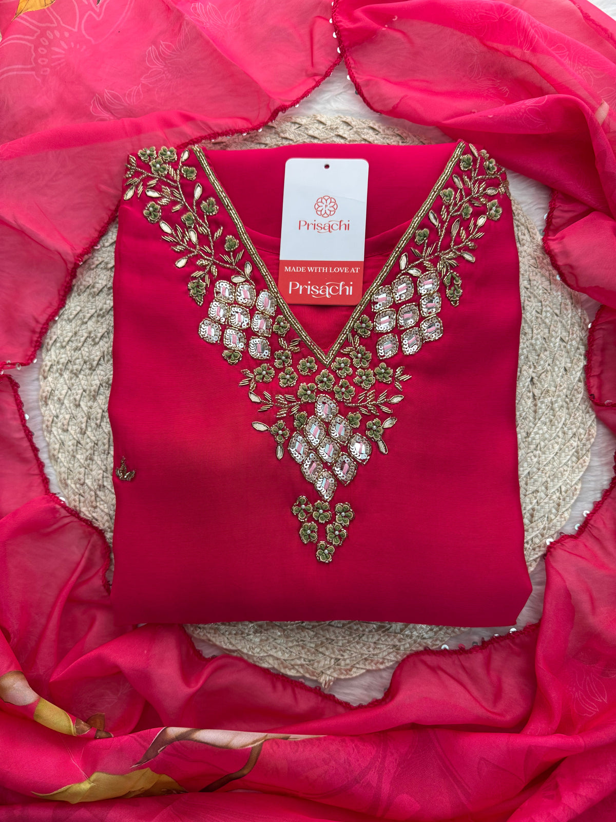Pink Designer Embroidered Ethnic Kurta Set with Pants & Floral Dupatta