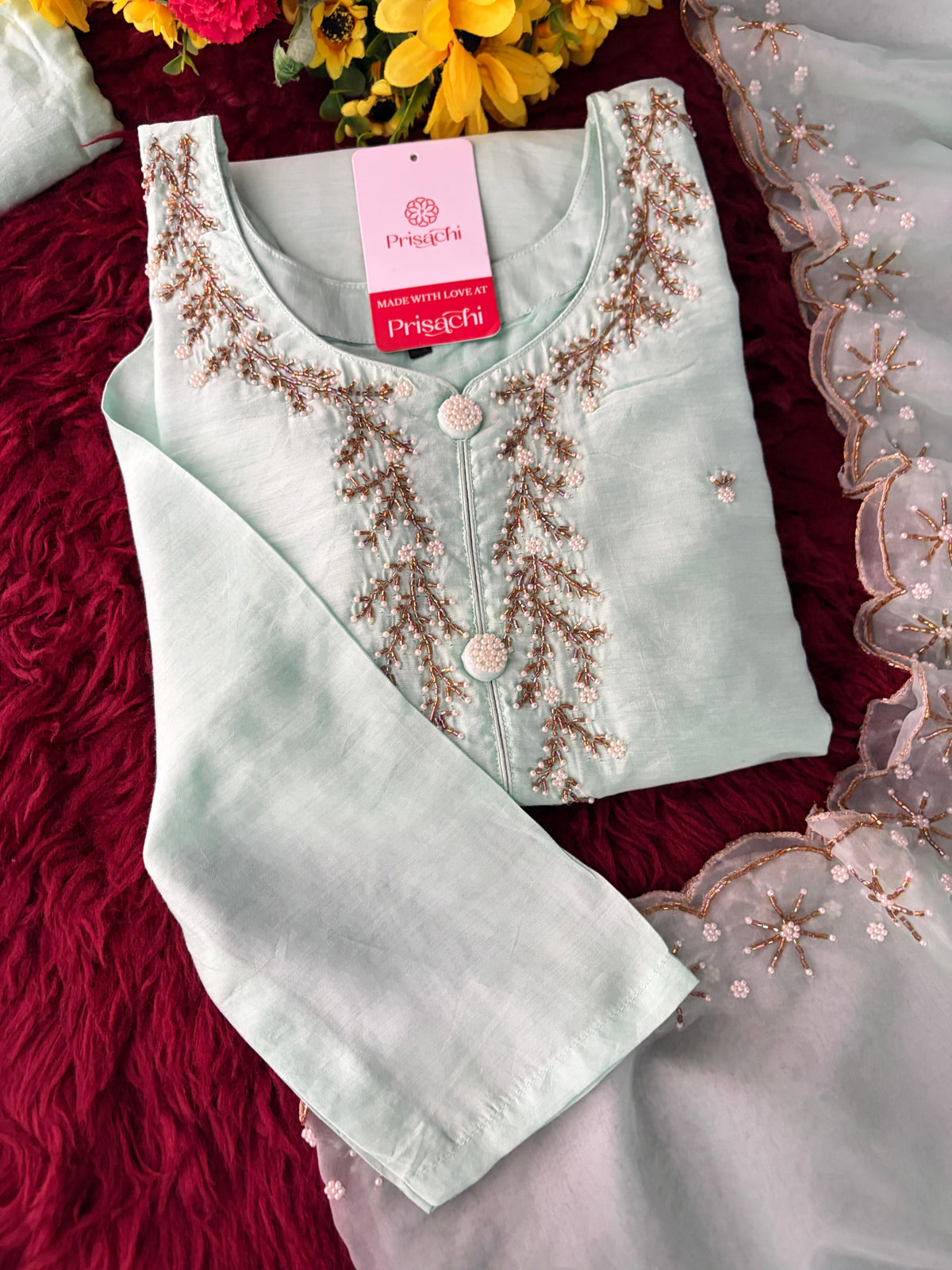 Mint Green Zardozi Embroidered Kurta Set for Women with Pants & Dupatta | Traditional Ethnic wear