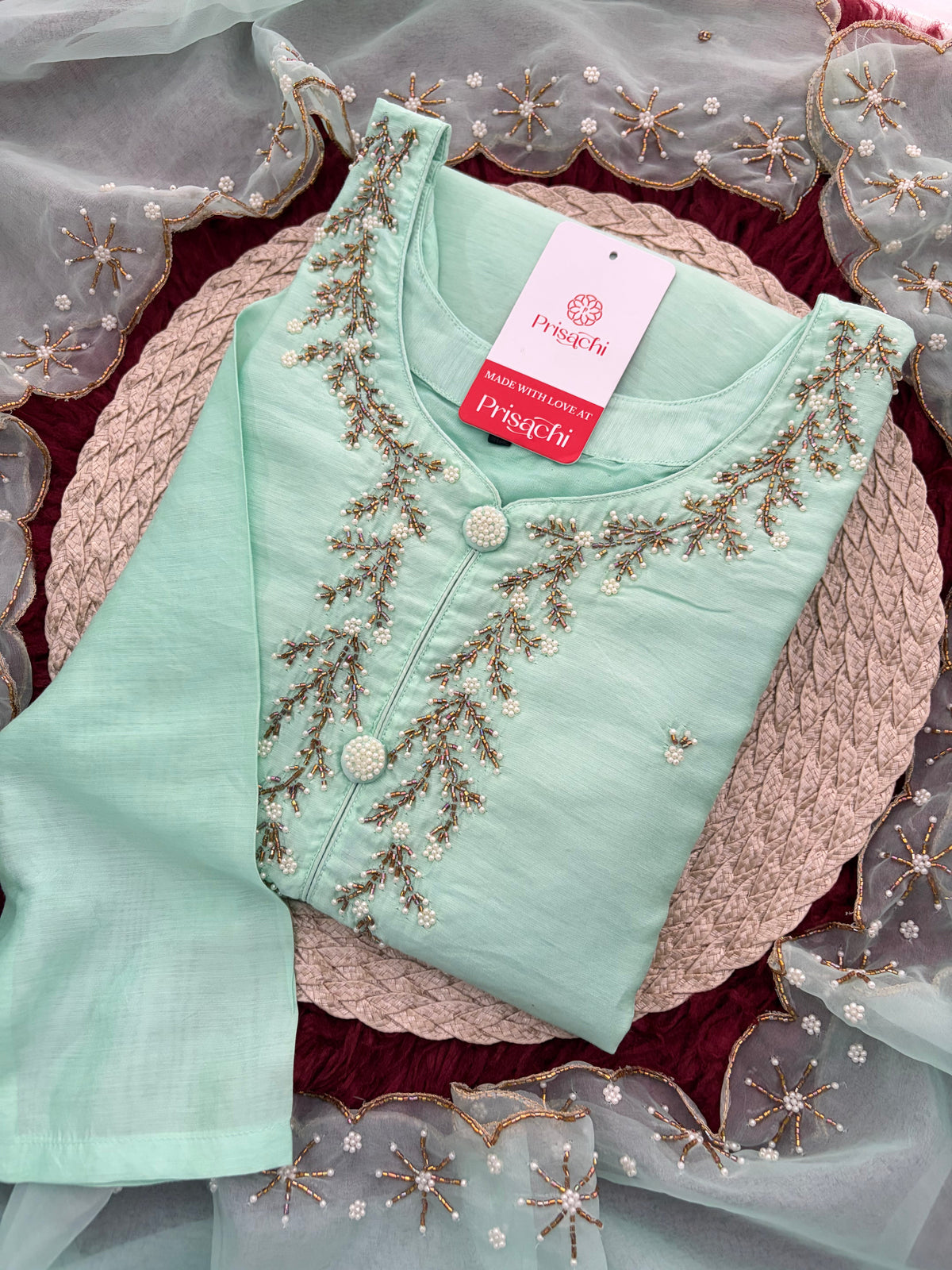Mint Green Zardozi Embroidered Kurta Set for Women with Pants & Dupatta | Traditional Ethnic wear