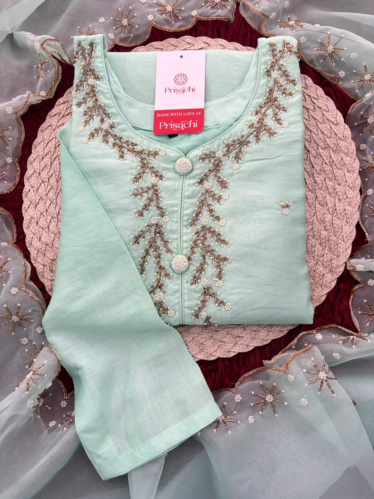 Mint Green Zardozi Embroidered Kurta Set for Women with Pants & Dupatta | Traditional Ethnic wear