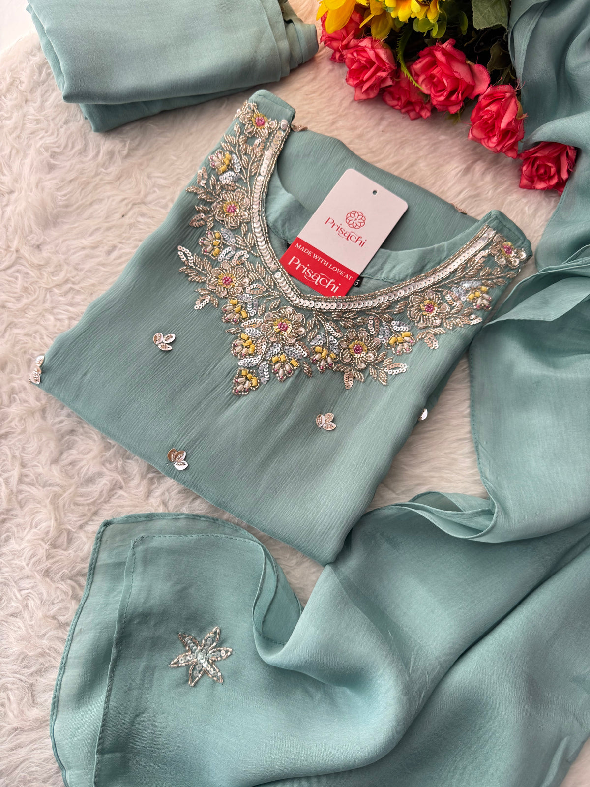 Sky Blue  Designer Embroidered Ethnic Kurta Set with Palazzo &  Dupatta