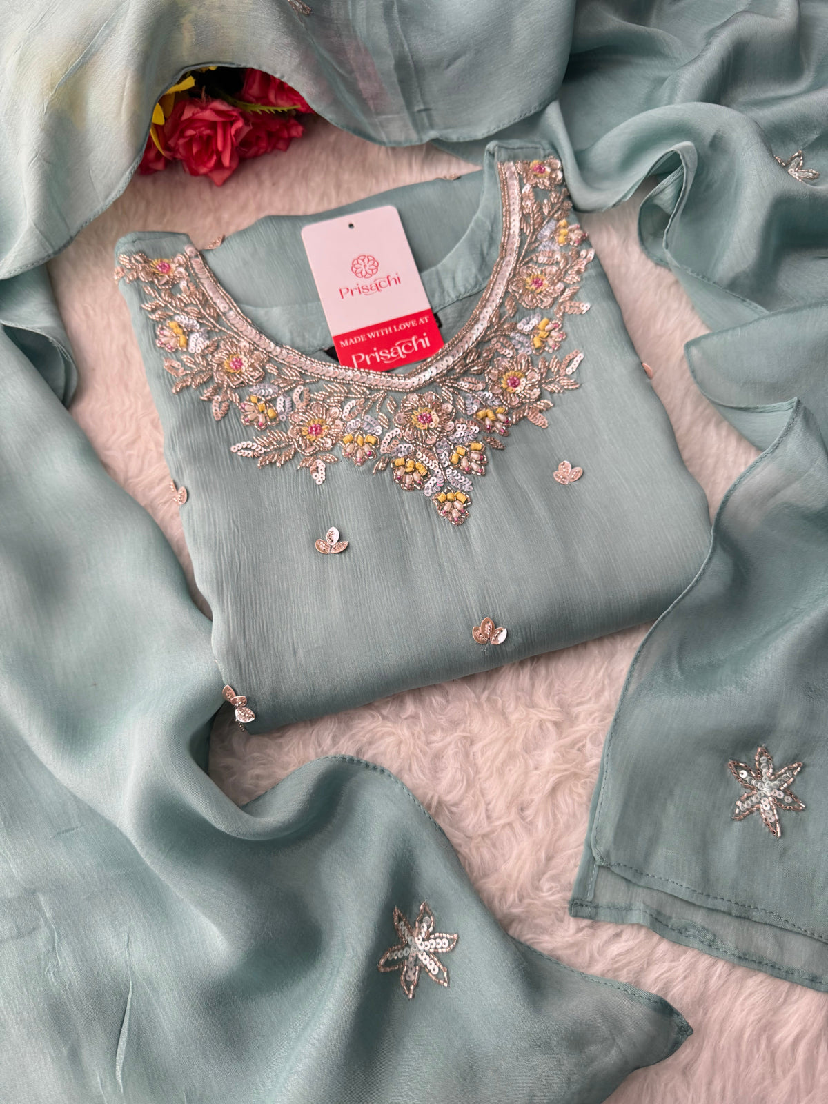 Sky Blue  Designer Embroidered Ethnic Kurta Set with Palazzo &  Dupatta