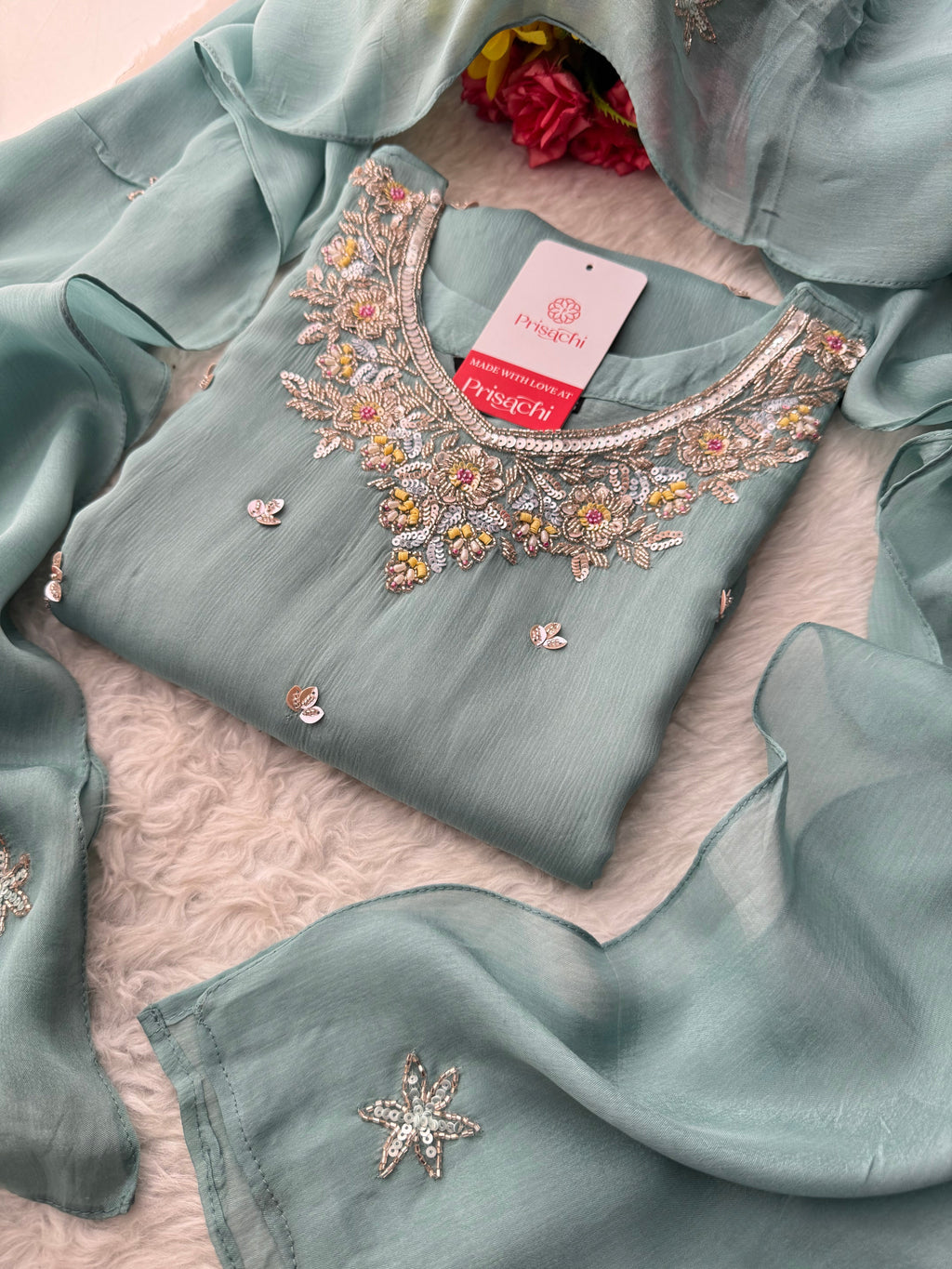 Sky Blue  Designer Embroidered Ethnic Kurta Set with Palazzo &  Dupatta