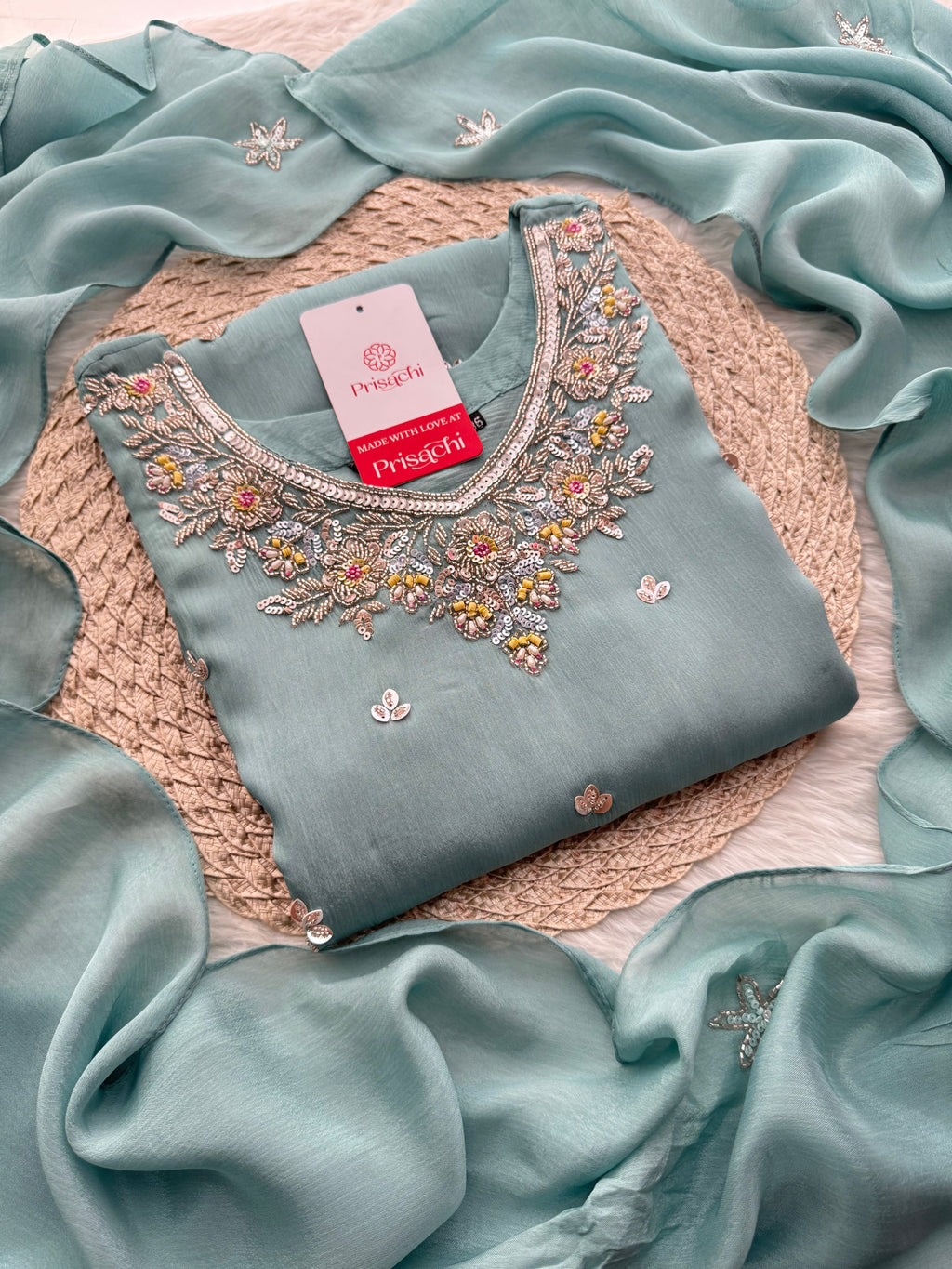 Sky Blue  Designer Embroidered Ethnic Kurta Set with Palazzo &  Dupatta