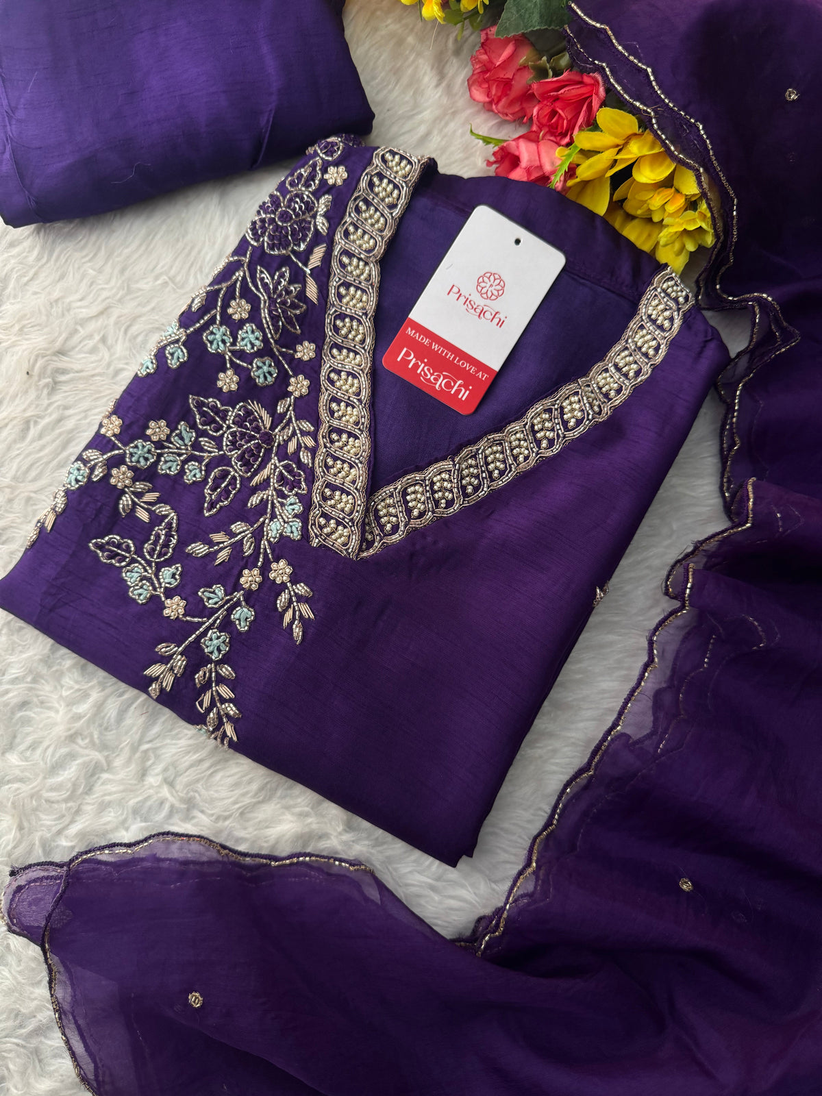 Purple Designer Ethnic Embroidered Kurta Set with Dupatta & Pants