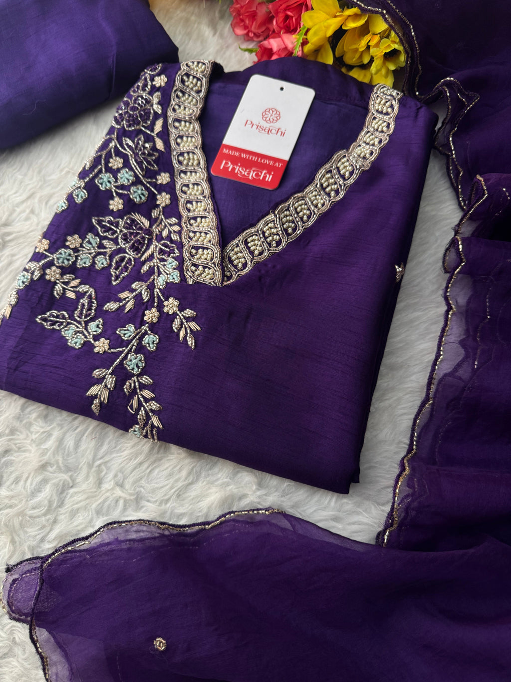 Purple Designer Ethnic Embroidered Kurta Set with Dupatta & Pants