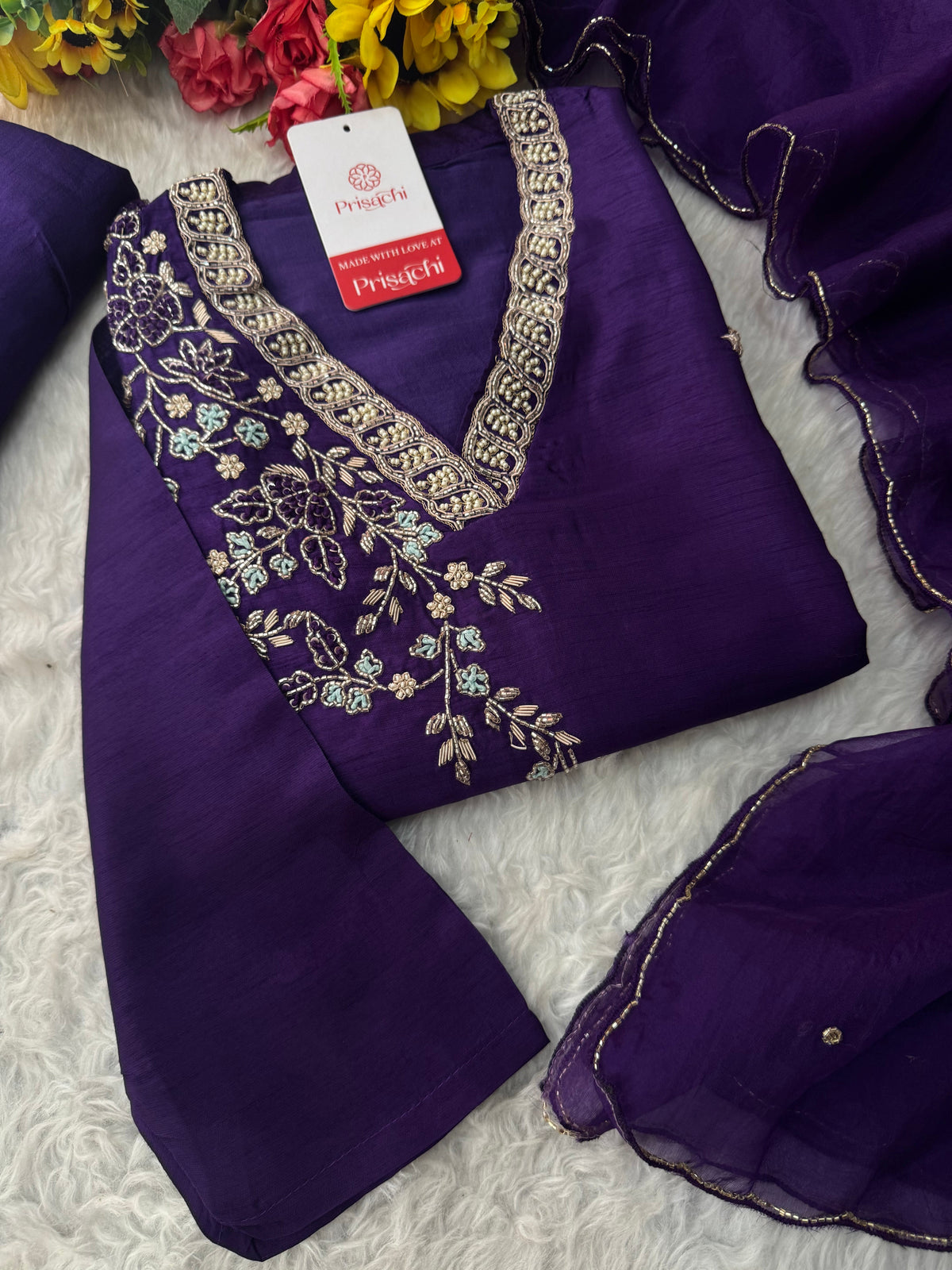 Purple Designer Ethnic Embroidered Kurta Set with Dupatta & Pants
