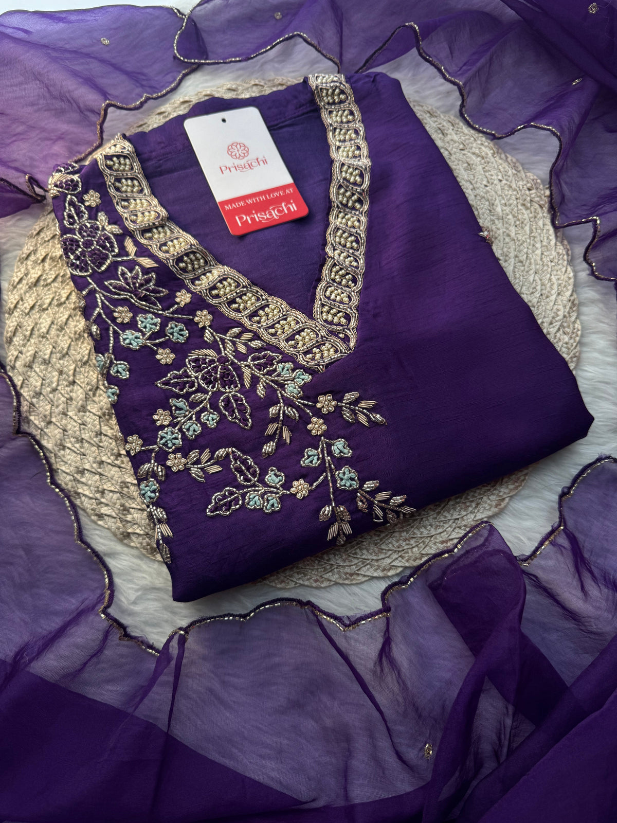 Purple Designer Ethnic Embroidered Kurta Set with Dupatta & Pants