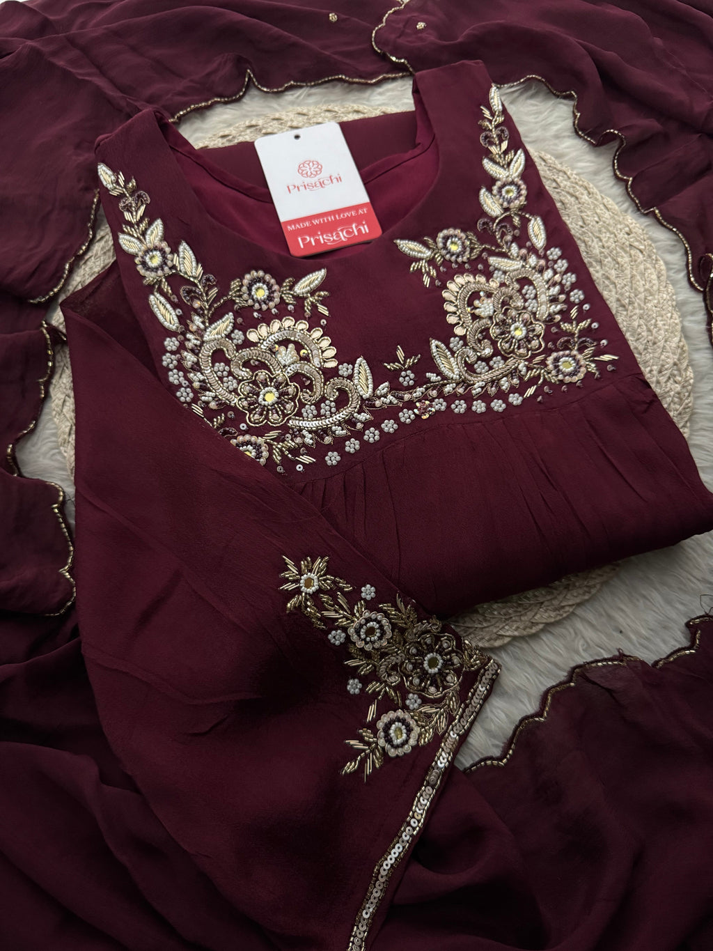 Wine Embroidered Ethnic A-Line Kurta Set With Palazzo Pants & Dupatta | Daily & Party wear