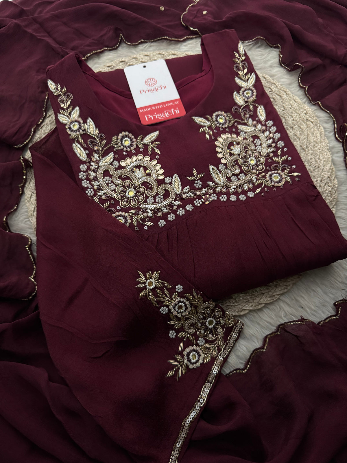 Wine Embroidered Ethnic A-Line Kurta Set With Palazzo Pants & Dupatta | Daily & Party wear