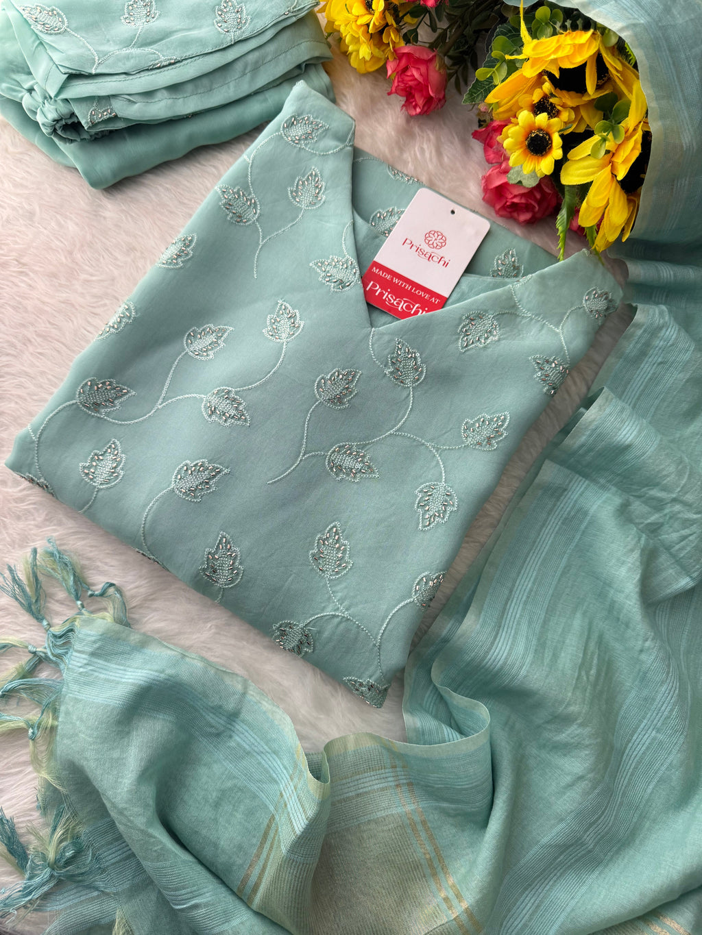Sky Blue Embroidered Kurta Set with Pants and Dupatta – Elegant Ethnic Wear