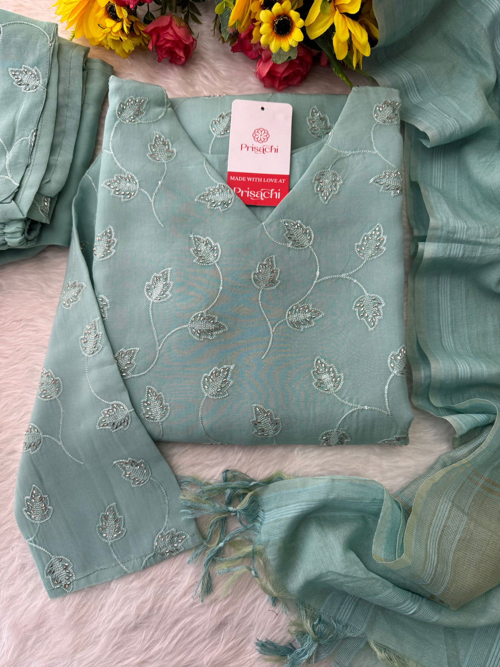 Sky Blue Embroidered Kurta Set with Pants and Dupatta – Elegant Ethnic Wear