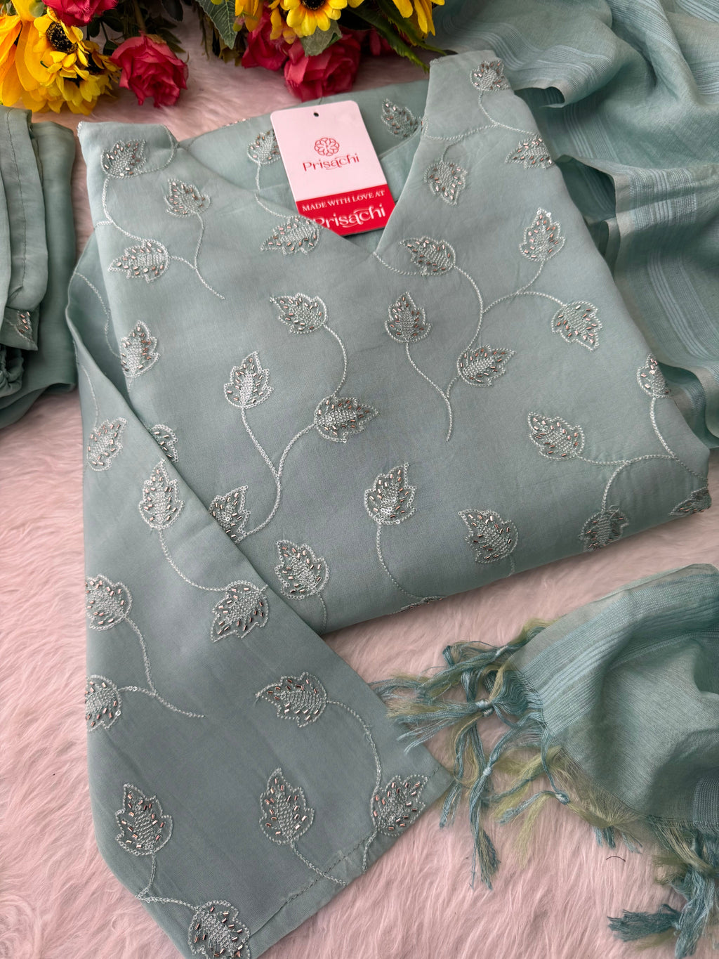 Sky Blue Embroidered Kurta Set with Pants and Dupatta – Elegant Ethnic Wear