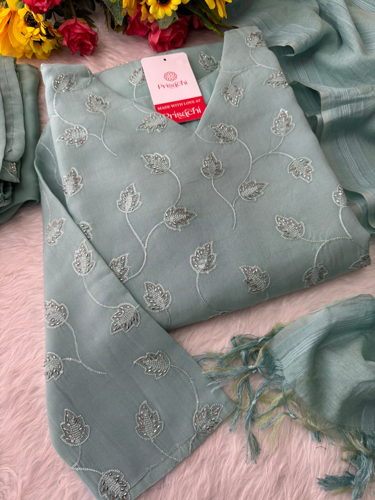 Sky Blue Embroidered Kurta Set with Pants and Dupatta – Elegant Ethnic Wear