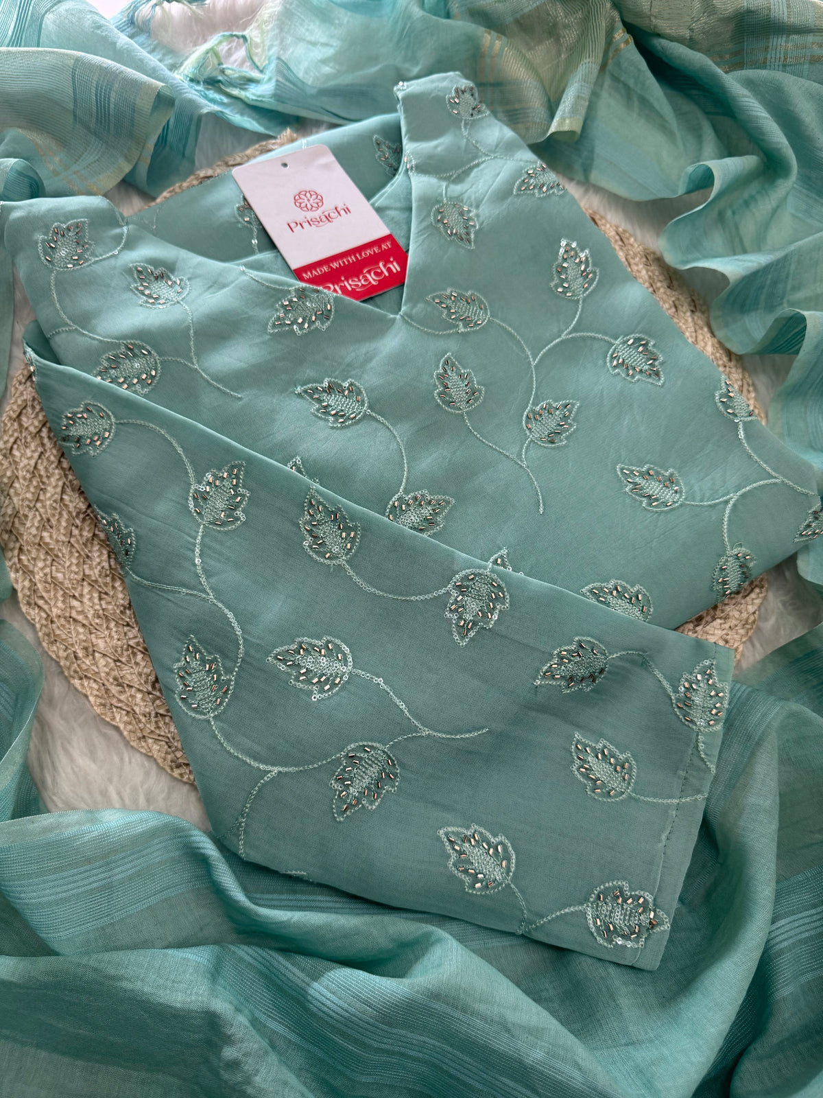 Sky Blue Embroidered Kurta Set with Pants and Dupatta – Elegant Ethnic Wear