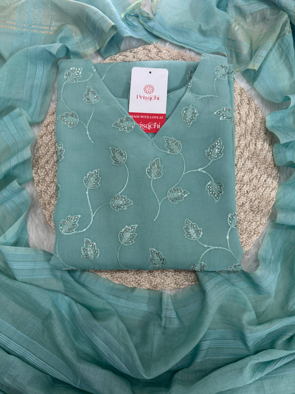 Sky Blue Embroidered Kurta Set with Pants and Dupatta – Elegant Ethnic Wear
