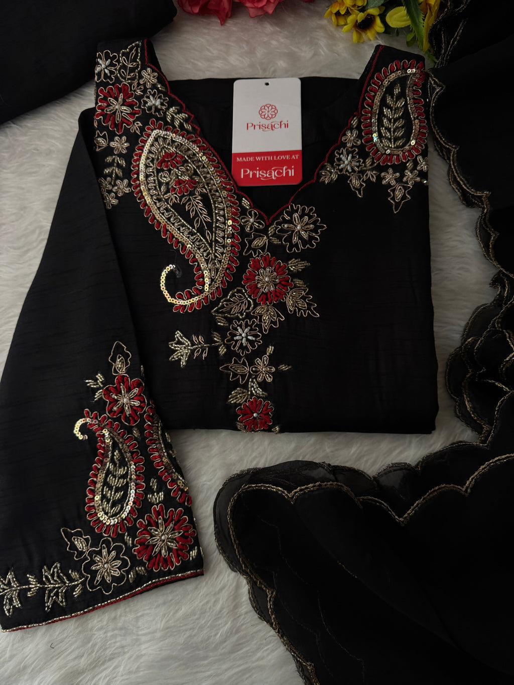 Black Embroidered Ethnic Kurta Set for Women with Pants & Dupatta