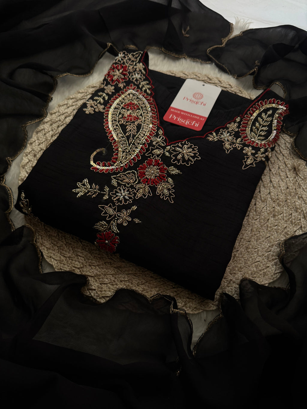 Black Embroidered Ethnic Kurta Set for Women with Pants & Dupatta