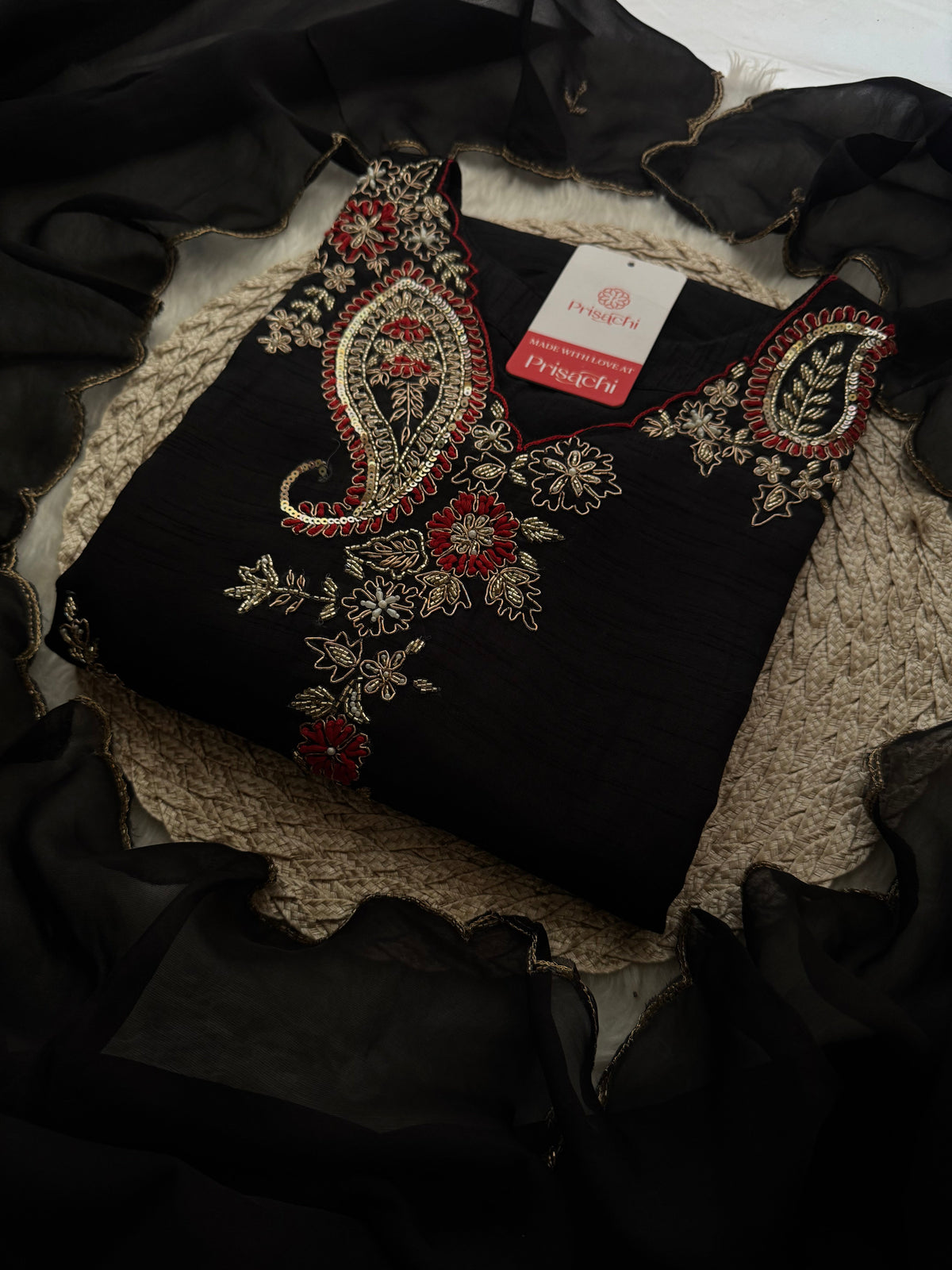 Black Embroidered Ethnic Kurta Set for Women with Pants & Dupatta