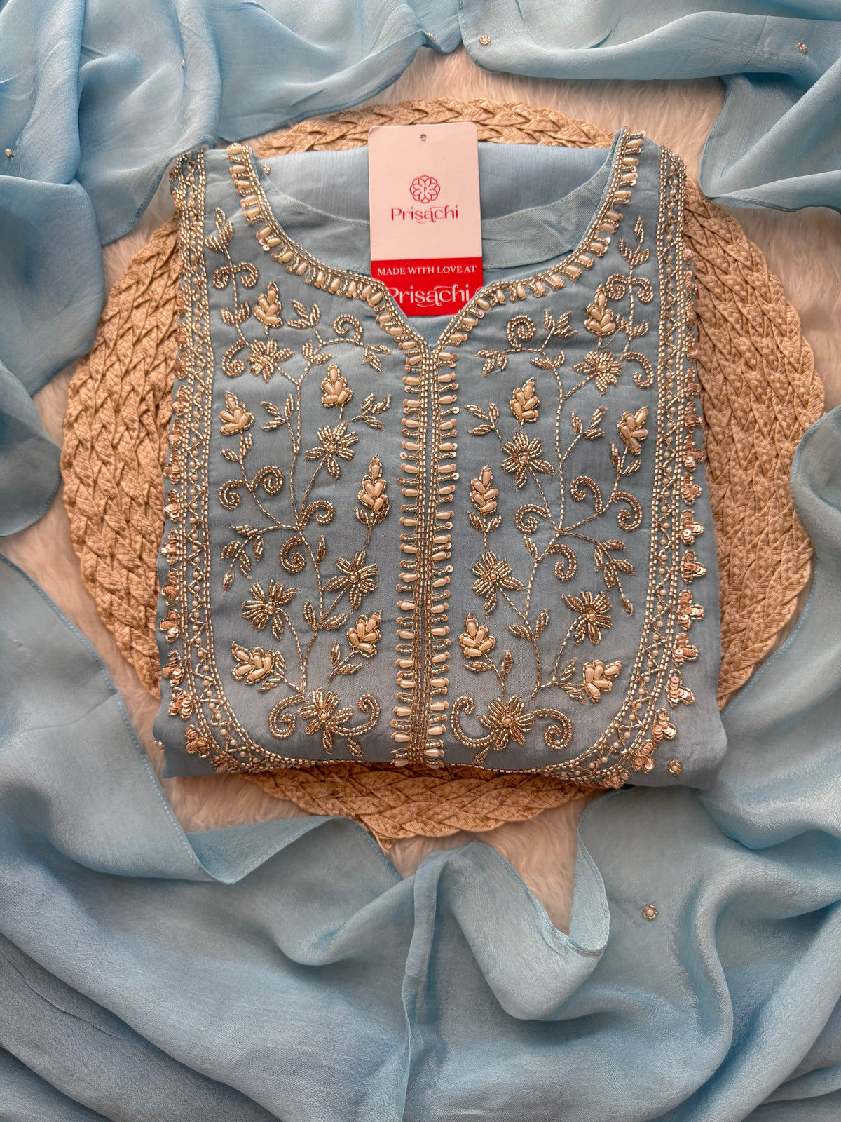 Sky Blue Embroidered Ethnic Kurti Sharara Set with Dupatta