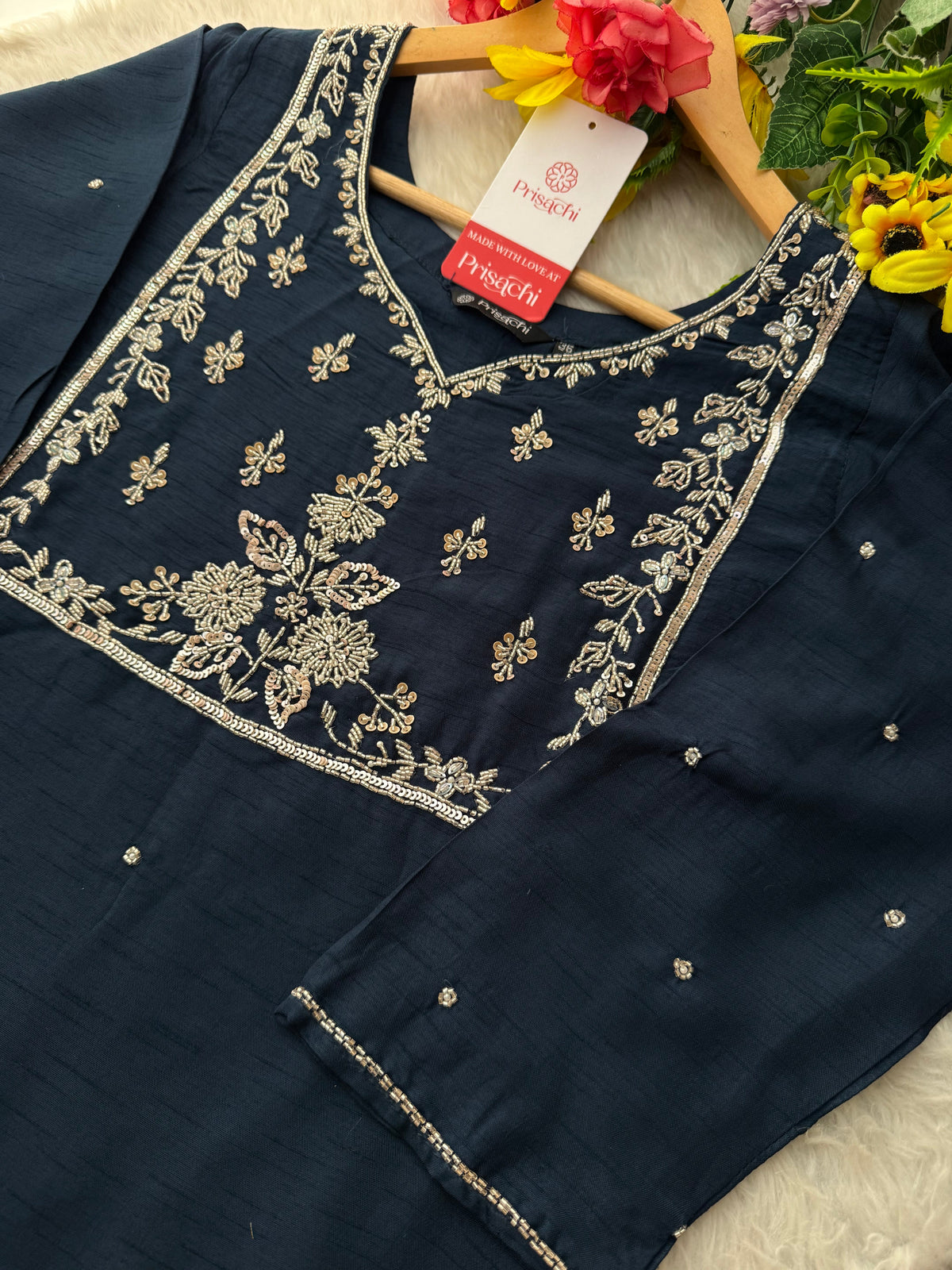 Navy Blue Embroidered Ethnic Kurta Set with Pants & Dupatta
