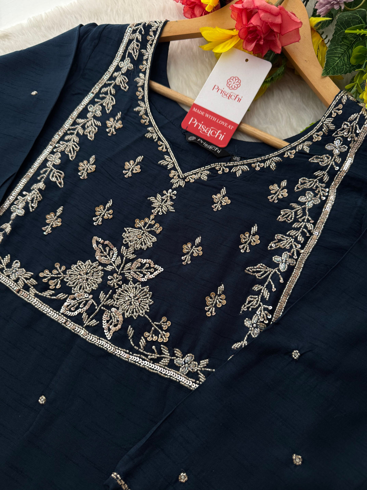 Navy Blue Embroidered Ethnic Kurta Set with Pants & Dupatta