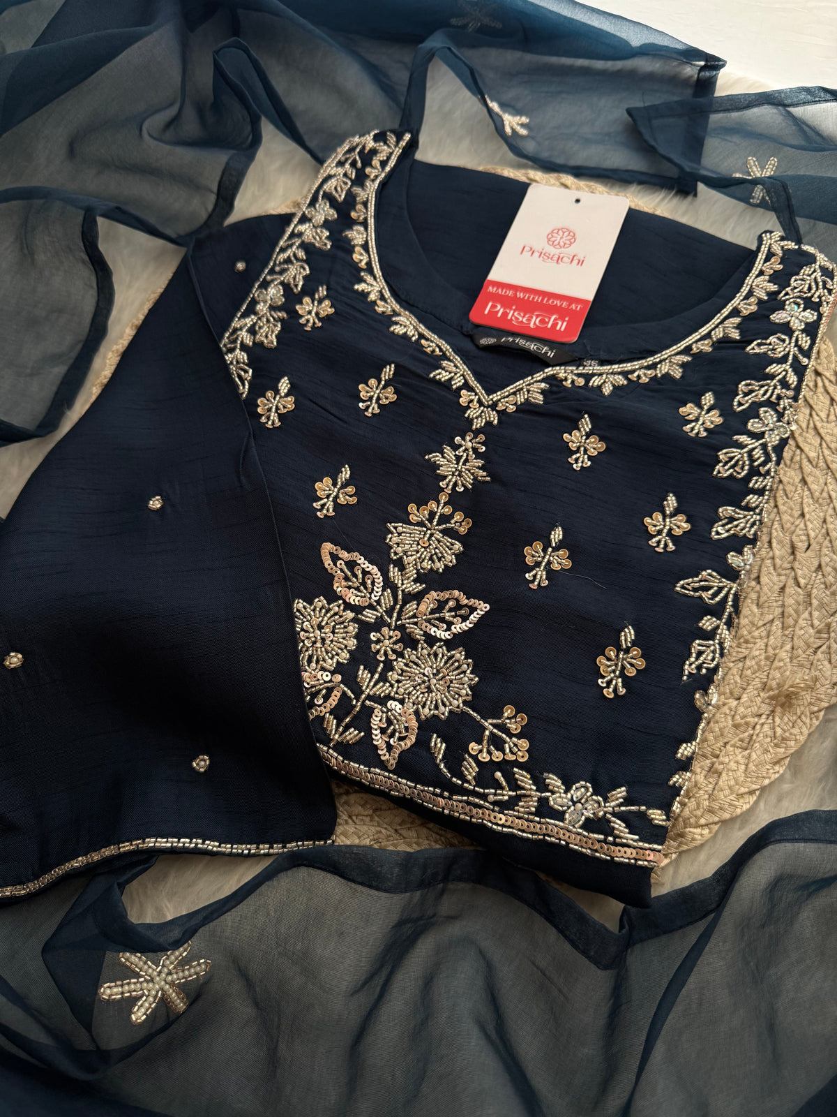 Navy Blue Embroidered Ethnic Kurta Set with Pants & Dupatta