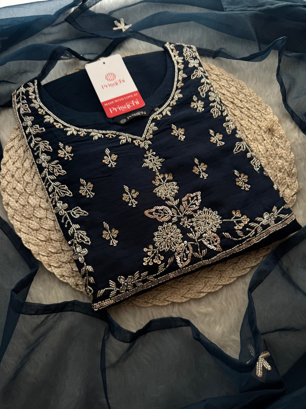 Navy Blue Embroidered Ethnic Kurta Set with Pants & Dupatta