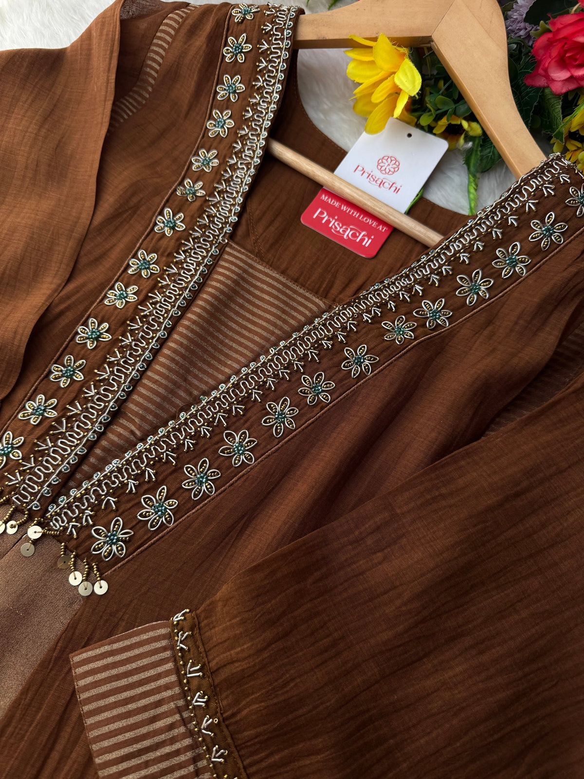Brown Embroidered A-Line Kurta Set with Dupatta & Pants