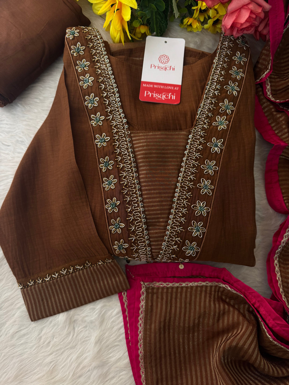 Brown Embroidered A-Line Kurta Set with Dupatta & Pants