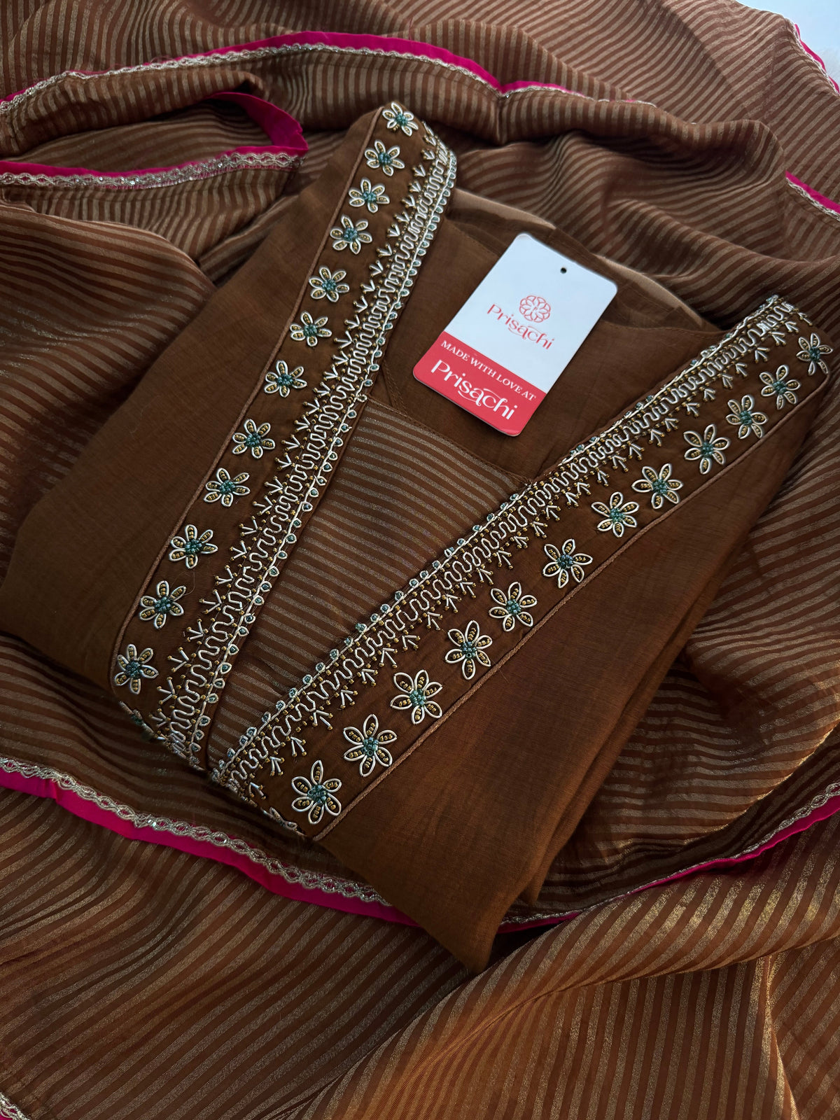 Brown Embroidered A-Line Kurta Set with Dupatta & Pants