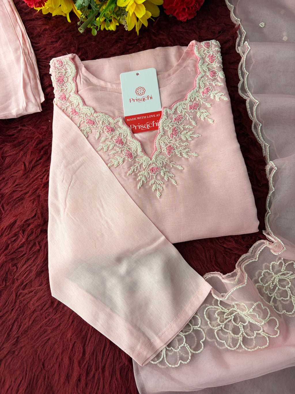Baby Pink Embroidered Ethnic Kurta set with Pants and Dupatta For Women's | Festive Traditional Suit Set