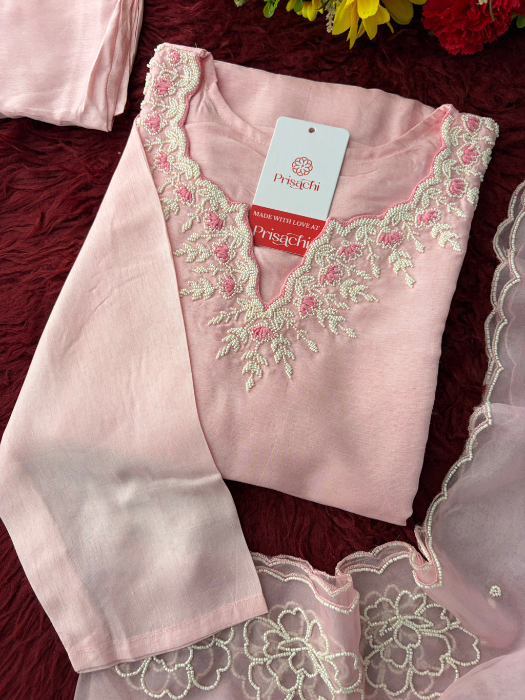 Baby Pink Embroidered Ethnic Kurta set with Pants and Dupatta For Women's | Festive Traditional Suit Set