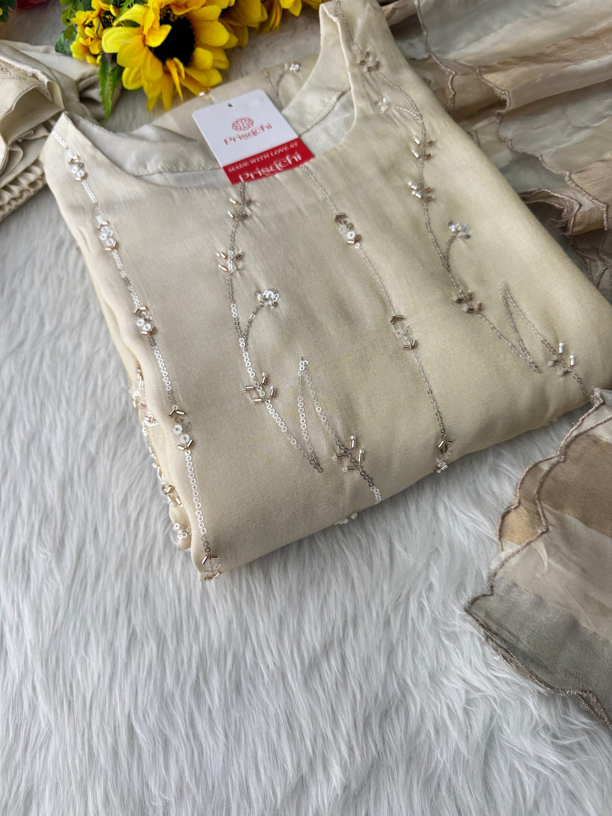 Prisachi Off-White Embroidered Kurta Set for Women with Pants & Dupatta