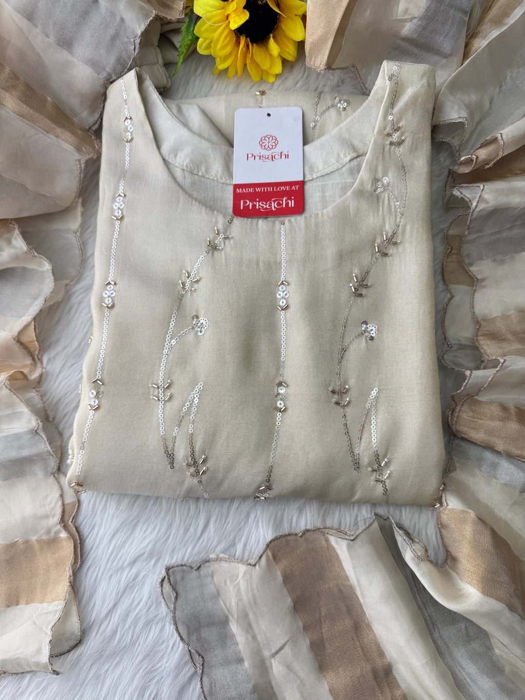 Prisachi Off-White Embroidered Kurta Set for Women with Pants & Dupatta