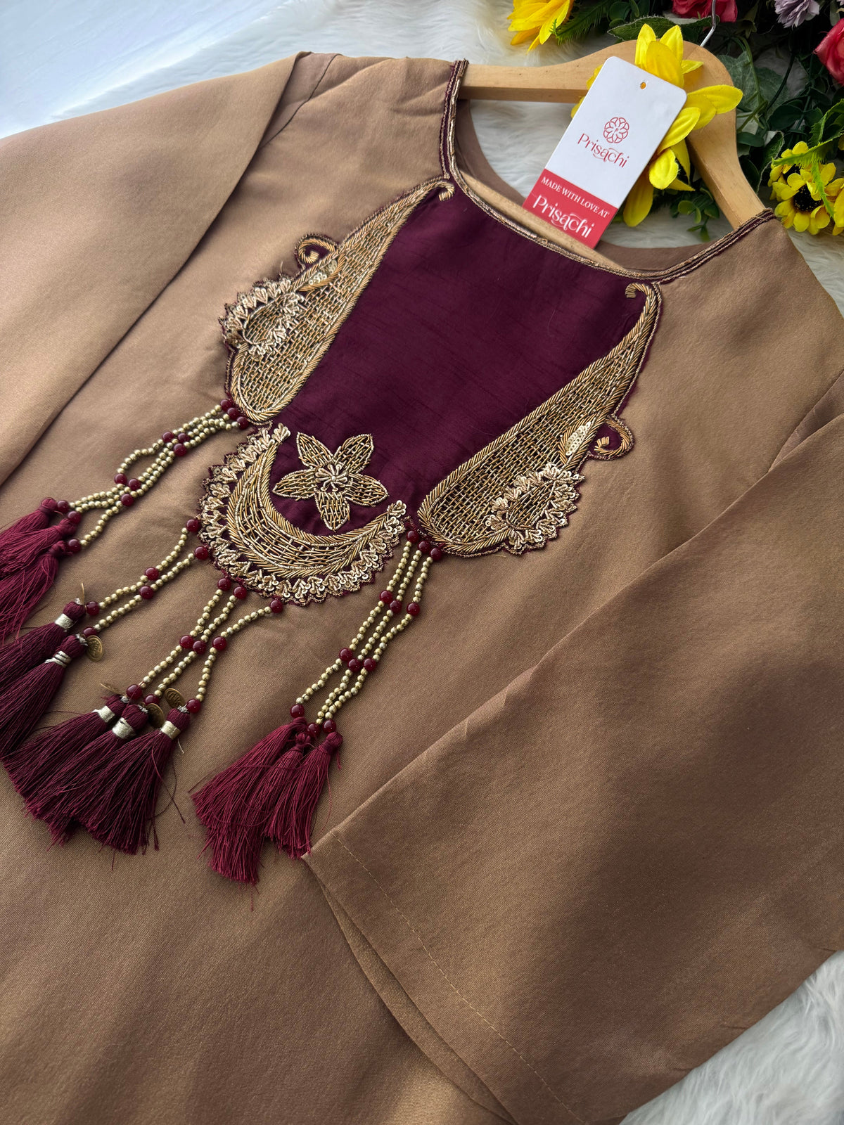 Brown A-Line Kurta Set with Pants and Dupatta for Women