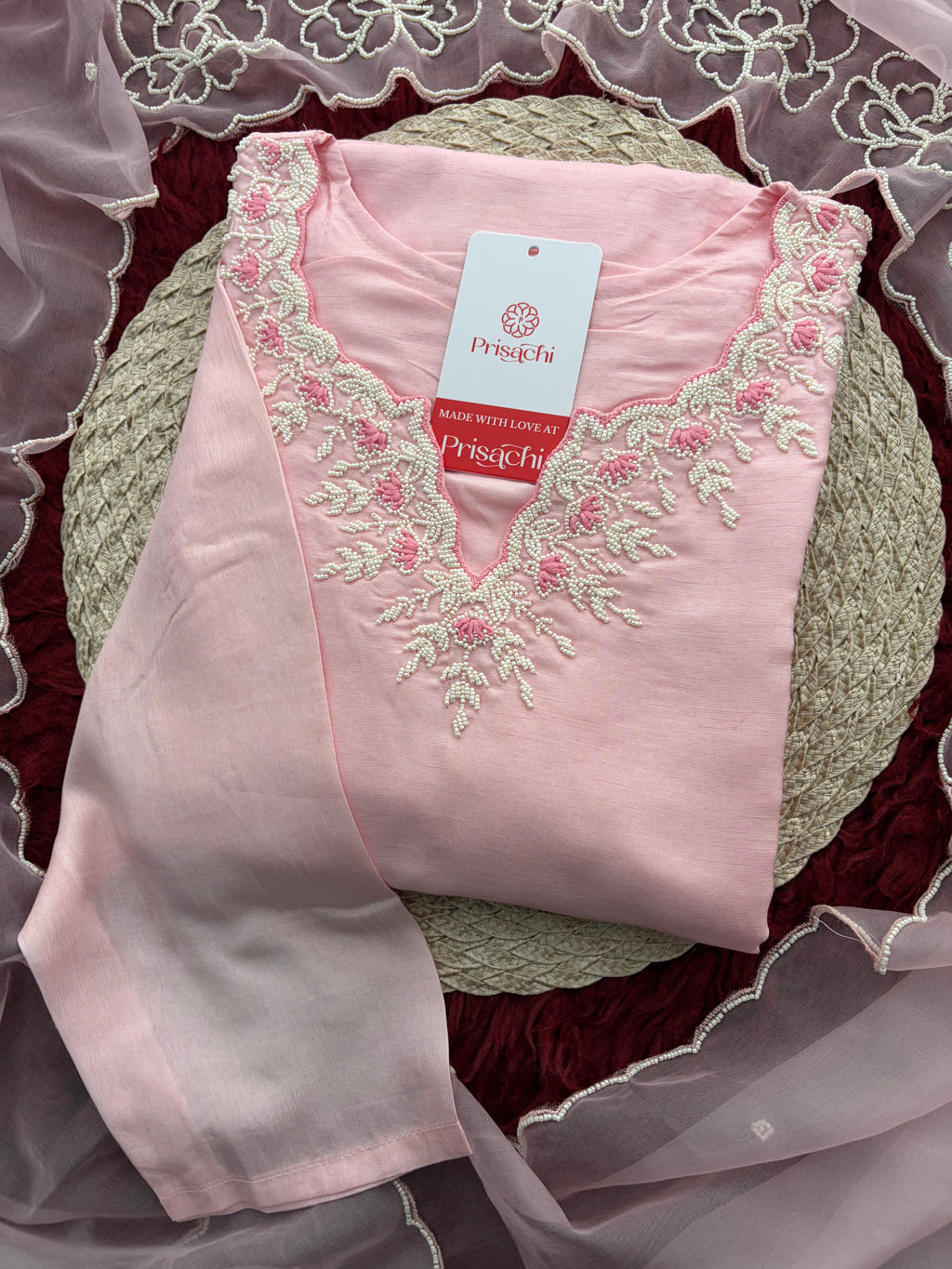 Baby Pink Embroidered Ethnic Kurta set with Pants and Dupatta For Women's | Festive Traditional Suit Set