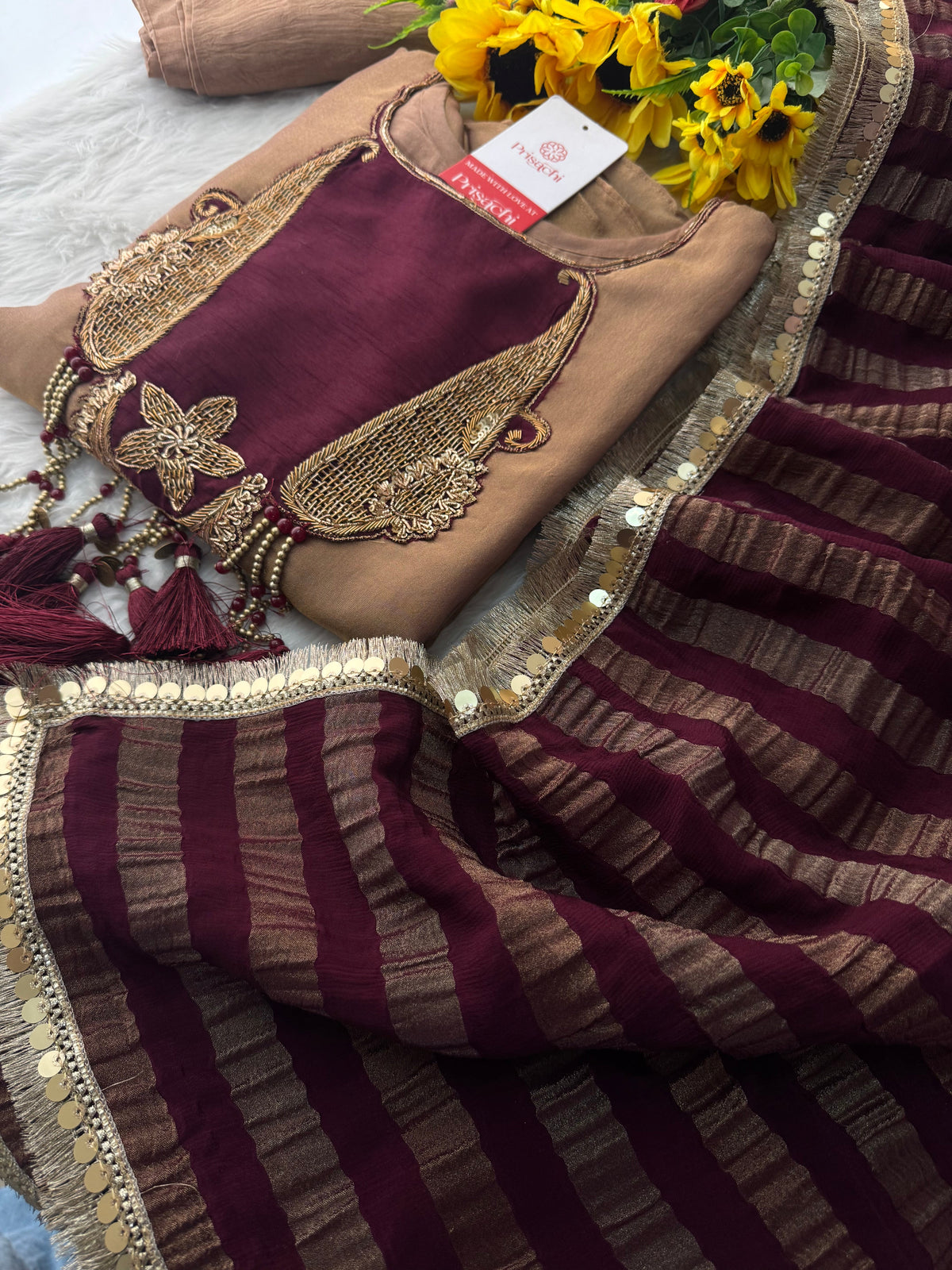 Brown A-Line Kurta Set with Pants and Dupatta for Women