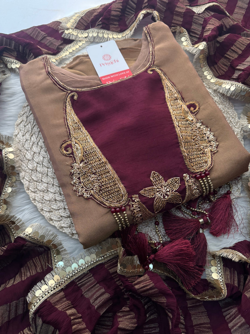 Brown A-Line Kurta Set with Pants and Dupatta for Women