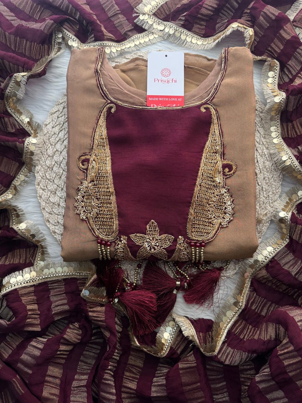Brown A-Line Kurta Set with Pants and Dupatta for Women