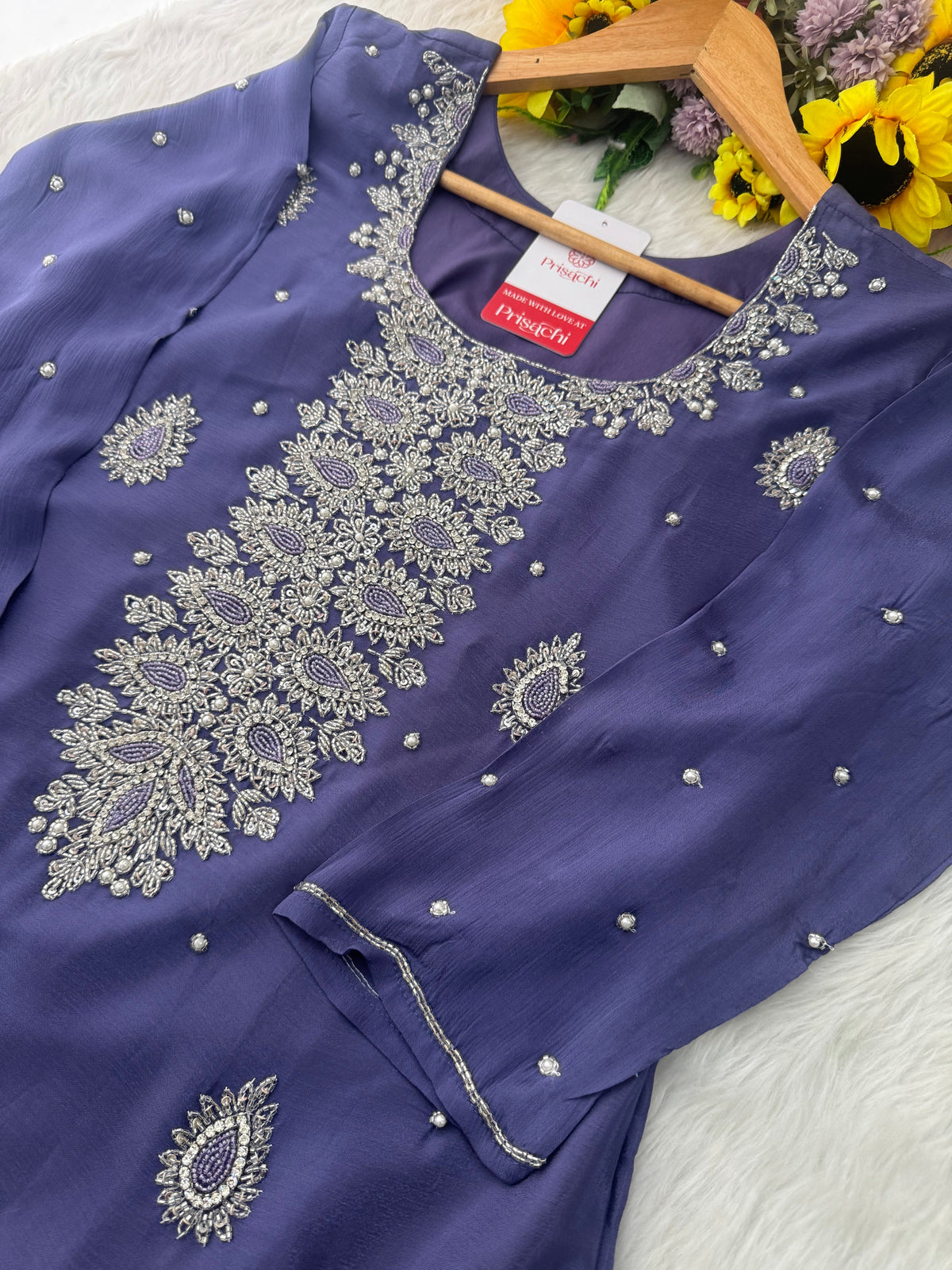 Lavender Embroidered Sharara Suit Set with Handwork Kurta & Dupatta